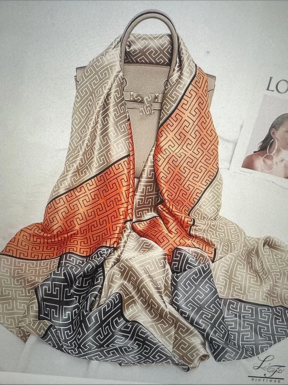 Geometric Pattern Silk-Look Wrap Scarf in Cream, Black & Orange